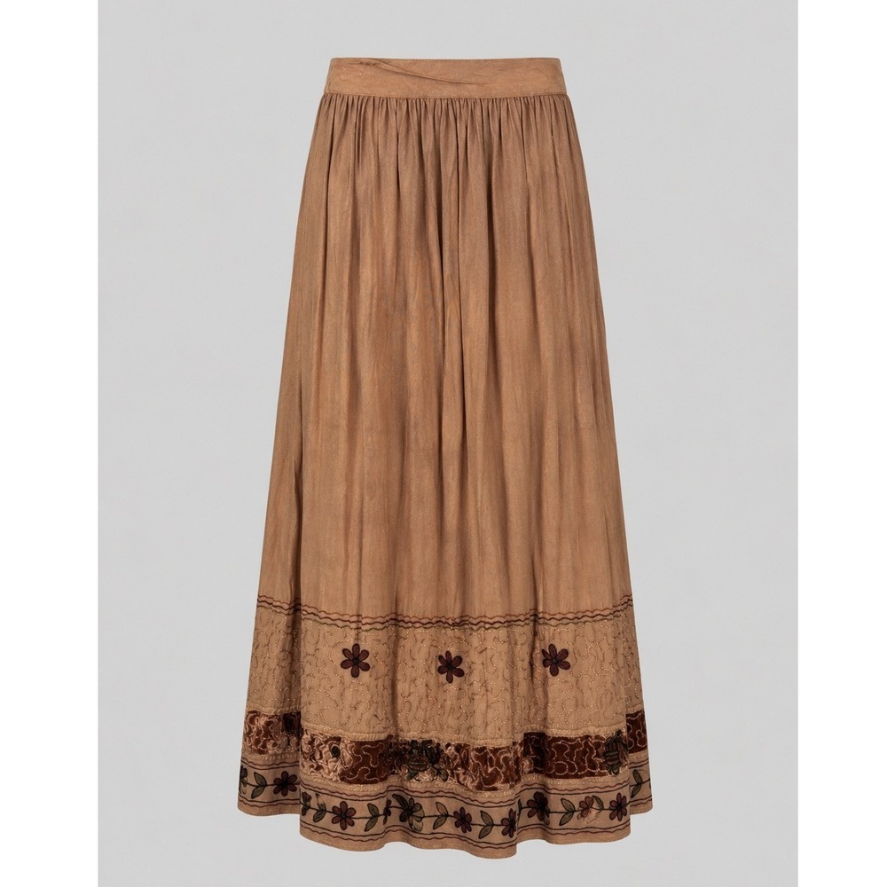 Vintage Crystals Rayon Boho Maxi Skirt Embroidered Velvet Hem Brown Medium‎